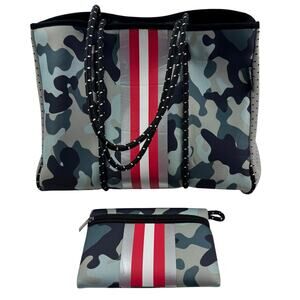 Dallas Hill Camo Striped Lightweight Neoprene Washable Tote Bag & Small Pouch